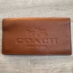 Coach Check Book Cover Cognac Brown Pebble Leather Front Stamped Big Logo